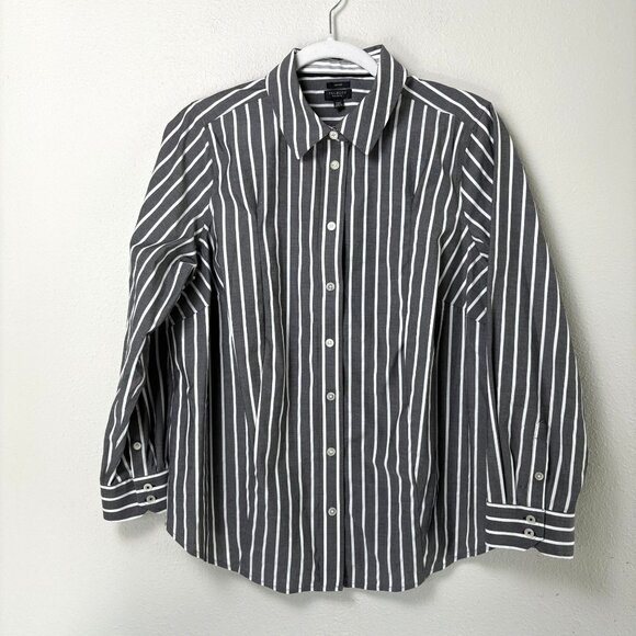 Talbots Button Front Top Plus Petite 14 14WP Gray White Striped No Iron Shirt - Picture 1 of 12
